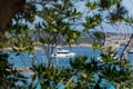 Panoramic view of small pevero beach with yacht Royalty Free Stock Photo