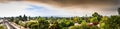 Panoramic view of smoke cloud created by the LNU, CZU and SCU lightning complex wildfires covering the San Francisco Bay sky and Royalty Free Stock Photo
