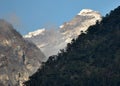 A Panoramic View Of Craggy Mountains & Connifer Trees