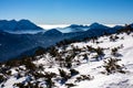 Panoramic view on snow capped mountain peaks of Karawanks in Carinthia, Austria. Julian Alps. Winter wonderland in the Austrian Royalty Free Stock Photo