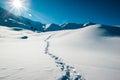 Panoramic view of the snow covered field after a blizzard. Human pathway in a fresh snow. Missing on Ice desert Royalty Free Stock Photo