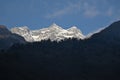 Panoramic view of snowcapped great Himalayas mountains and pine forests. Photo clicked at sunrise from Lachen, a tourist
