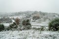 Panoramic View of a Snowy Hill in a Greek Mountain. Winter Landscape During Heavy Blizzard. Mountain Covered with Snow and Fog Royalty Free Stock Photo