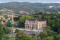 Panoramic view of the Sobrellano Palace with its church, Comillas, Spain, Europe, August 29, 2023.