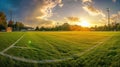 A panoramic view of a soccer field bathed in golden sunlight, capturing the essence of competitive spirit