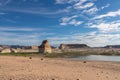 Panoramic view on solitary rock formations Lone Rock in Wahweap Bay in Lake Powell in Glen Canyon Recreation Area, Page Royalty Free Stock Photo
