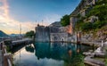 Panoramic view of south Gurdic gate, ancient fortress in Old Town of Kotor. Kotor, Montenegro. Evening panoramic view