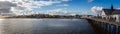 Panoramic view of Southwold seafront and lighthouse and pier in Southwold, Suffolk, UK