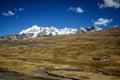 Panoramic view of spectacular high mountains, Cordillera, Andes, Peru, Clear blue sky with a few white clouds