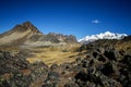 Panoramic view of spectacular high mountains, Cordillera, Andes, Peru, Clear blue sky with a few white clouds