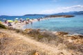 Panoramic view of Spiaggia Spalmatore di Terra beach of Isola Tavolara island on Tyrrhenian Sea off northern coast of Sardinia, Royalty Free Stock Photo