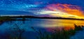 Panoramic view Sports Fishermen at Sunset early fall with beautiful skyline over Ed Zorinsky lake Omaha Nebraska