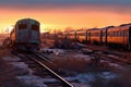 panoramic view of a sprawling train graveyard at dusk