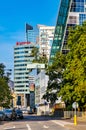 Panoramic view of Srodmiescie business district in downtown city center Twarda street and Spektrum Tower in Warsaw, Poland Royalty Free Stock Photo