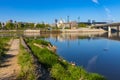 Panoramic view of Srodmiescie city center downtown quarter with Swietokrzyski Bridge - Most Swietokrzyski - over Vistula river in