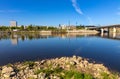 Panoramic view of Srodmiescie city center downtown quarter with Swietokrzyski Bridge - Most Swietokrzyski - over Vistula river in