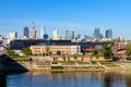 Panoramic view of Srodmiescie city center quarter and Powisle district at Wybrzeze Kosciuszkowskie embankment over Vistula river Royalty Free Stock Photo