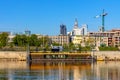 Panoramic view of Srodmiescie city center quarter and Powisle district at Wybrzeze Kosciuszkowskie embankment over Vistula river Royalty Free Stock Photo