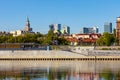 Panoramic view of Srodmiescie city center quarter and Powisle district at Wybrzeze Kosciuszkowskie embankment over Vistula river Royalty Free Stock Photo