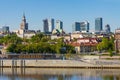 Panoramic view of Srodmiescie city center quarter and Powisle district at Wybrzeze Kosciuszkowskie embankment over Vistula river Royalty Free Stock Photo