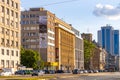 Panoramic view of Srodmiescie downtown district along northbound of Al. Jerozolimskie avenue in Warsaw, Poland with Atlas Tower in