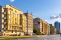 Panoramic view of Srodmiescie downtown district along northbound of Al. Jerozolimskie avenue in Warsaw, Poland with Atlas Tower in