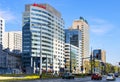 Panoramic view of Srodmiescie downtown district with Rondo ONZ roundabout and surrounding office buildings along al. Jana Pawla II