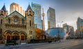 Panoramic view of St Andrew`s Presbyterian Church and CN Tower - Toronto, Ontario, Canada