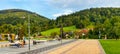 Panoramic view of St. Jacob square, plac Sw. Jakuba, in Szczyrk mountain resort of Beskidy Mountains in Silesia region of Poland Royalty Free Stock Photo