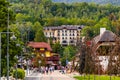 Panoramic view of St. Jacob square, plac Sw. Jakuba, in Szczyrk mountain resort of Beskidy Mountains in Silesia region of Poland Royalty Free Stock Photo