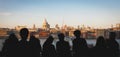 Panoramic view of St. Paul`s Cathedral and the Millennium Bridge from the terrace of the Tate Modern. London, 2017. Royalty Free Stock Photo