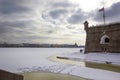 Nevskaya pier and the Commandant`s Gate in the Peter and Paul Fortress of St. Petersburg in winter