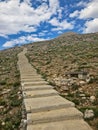 Panoramic view of the stairs and walking path leading to the top of Mount Nemrut. Nemrut Dagi. Turkey