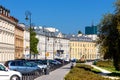 Panoramic view of Starowka Old Town quarter with new and renovated tenement houses along Podwale street in Warsaw, Poland Royalty Free Stock Photo