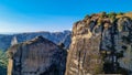Panoramic view of steep canyons of rock formations of the complexes of Eastern Orthodox monasteries in Kalambaka, Meteora,