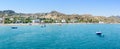 Panoramic view of Stegna beach with anchored small boats RHODES, GREECE