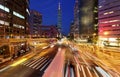 Panoramic view of a street corner in Downtown Taipei City with busy traffic trails at rush hour Royalty Free Stock Photo