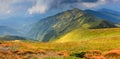 Panoramic view of summer landscape in mountains. Royalty Free Stock Photo