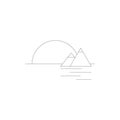 Panoramic view of the sun on the horizon with mountains and pyramids. Sunset and sunrise. Line vector icon.