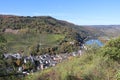 panoramic view of the Moselle river, a riverside town with the vineyards above on the hill Royalty Free Stock Photo