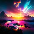 Panoramic view of sunrise over the sea and mountains. Colorful sky with clouds. AI generated Royalty Free Stock Photo