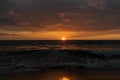 Panoramic view of sunset in ocean. Nothing but sky, clouds, beach and water. Beautiful serene scene Royalty Free Stock Photo