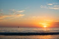Panoramic view of sunset over ocean. Beautiful serene scene. Sea sky concept, sunrise colors clouds. Nature landscape Royalty Free Stock Photo