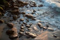 Panoramic view of sunset over ocean. Sea waves lash line impact rock on the beach.