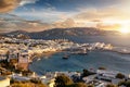 Panoramic view of a sunset over the town of Mykonos island, Cyclades, Greece Royalty Free Stock Photo