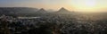 Panoramic view at sunset of Pushkar and the Aravalli hills from the Pap Mochani Gayatri Temple, Pushkar, Rajasthan, India