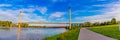 Panoramic view Sunset reflection on Bob Kerrey pedestrian bridge Omaha