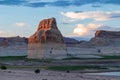 Panoramic view at sunset on solitary rock formations Lone Rock in Wahweap Bay, Glen Canyon Recreation Area, Page, Utah, USA Royalty Free Stock Photo