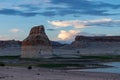 Panoramic view at sunset on solitary rock formations Lone Rock in Wahweap Bay, Glen Canyon Recreation Area, Page, Utah, USA Royalty Free Stock Photo