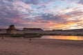 Panoramic view at sunset on solitary rock formations Lone Rock in Wahweap Bay, Glen Canyon Recreation Area, Page, Utah, USA Royalty Free Stock Photo